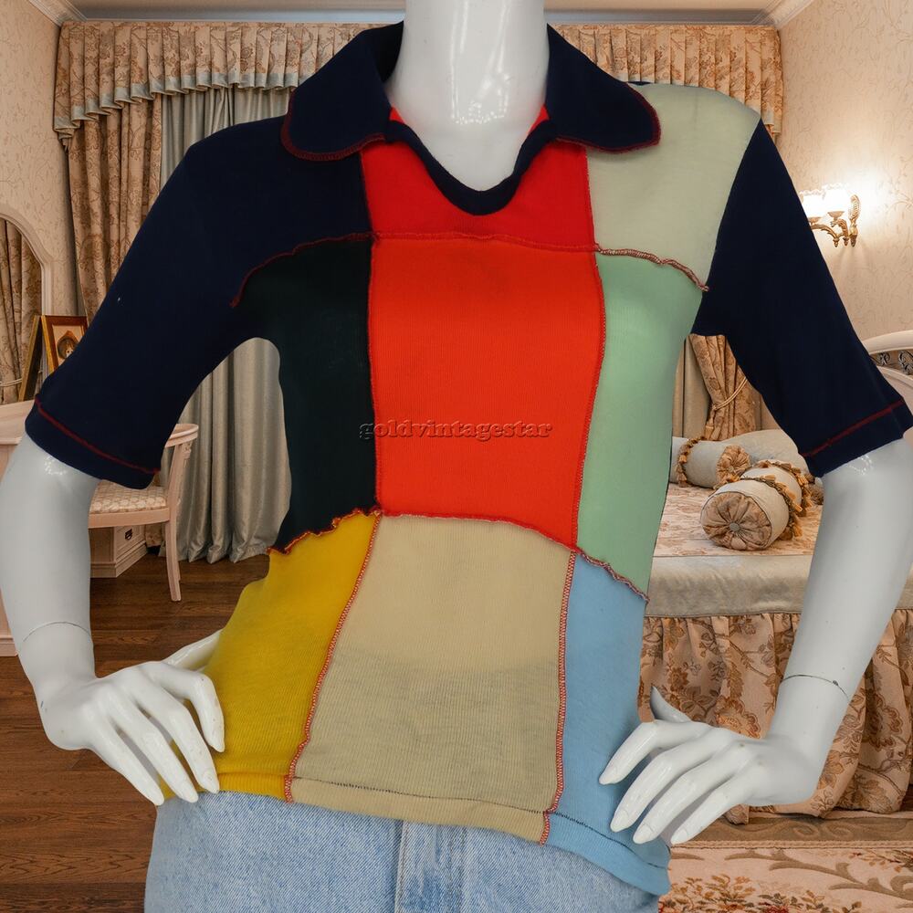 Womens 70s Vintage Colorblock Knit Sheer Top Blouse Shirt M